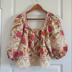 Rachel Zoe Linen Colorful Flower/Bird Top